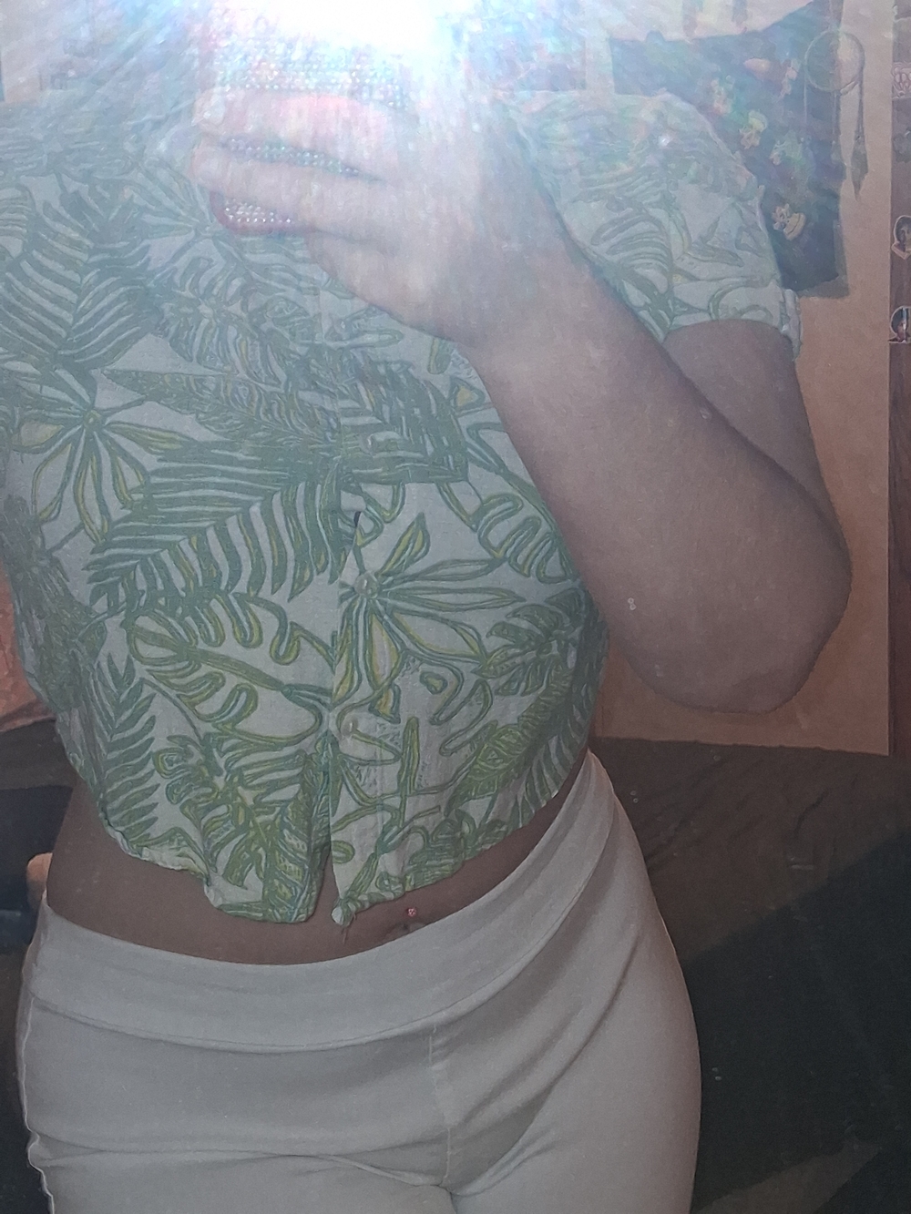 Japna Green Leaf Print Cropped Button-Front Top